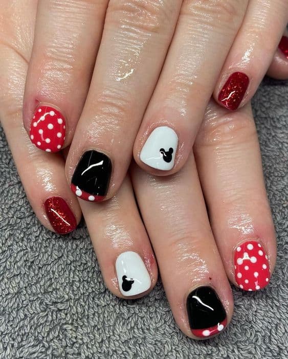 black white red mickey nails
